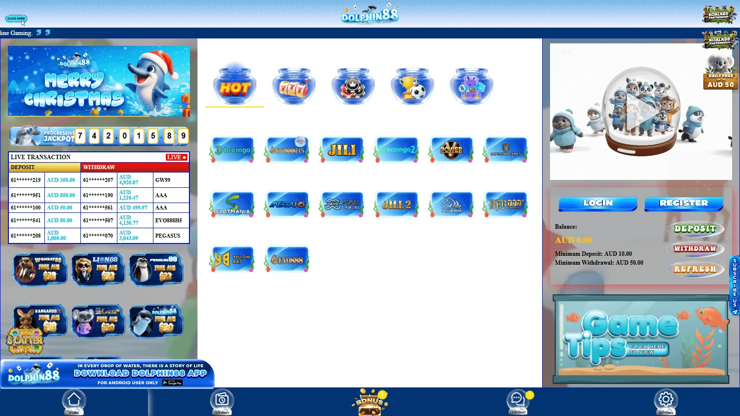 Dolphin 88 Casino home lobby on desktop